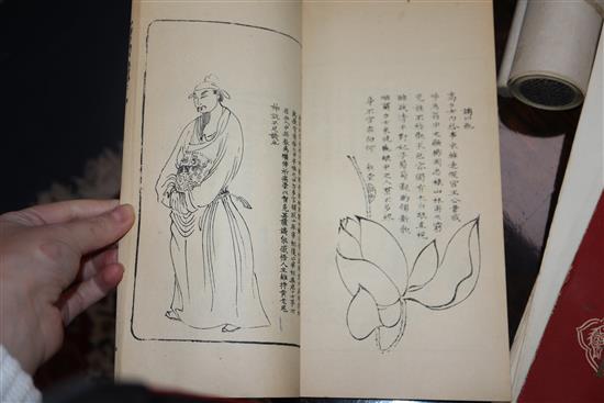 Six Chinese woodblock printed books, two printed calligraphic scrolls and a book on Chinese art